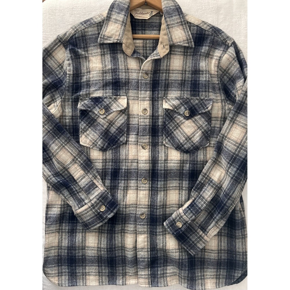 Vintage 80s Fieldmaster Men's Shirt Wool Blend Large‎ Blue Off White Outdoors